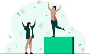 Healthcare hiring strategies. Two illustration figures extend their arms in celebration.